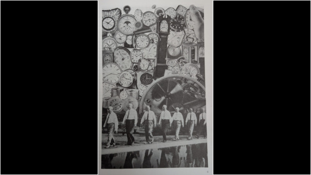 7 older white men in ties, walking along a reflecting pool, with clocks, timepieces, watches, and gears arrayed in a collage in the background. A person is holding one of the timepieces, with their thumb visible.