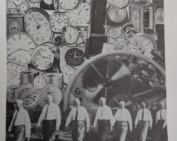 7 older white men in ties, walking along a reflecting pool, with clocks, timepieces, watches, and gears arrayed in a collage in the background. A person is holding one of the timepieces, with their thumb visible.