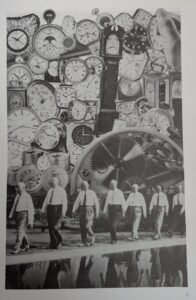 7 older white men in ties, walking along a reflecting pool, with clocks, timepieces, watches, and gears arrayed in a collage in the background. A person is holding one of the timepieces, with their thumb visible.