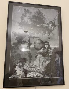 1990, "Music Has Charms..." Included in Ecstatic Incisions. This is a framed copy, hanging in Freddie's home in Eureka. "Music Has Charms ...." August 1990 t-shirt of the month. Collage, included in Ecstatic Incisions p.31